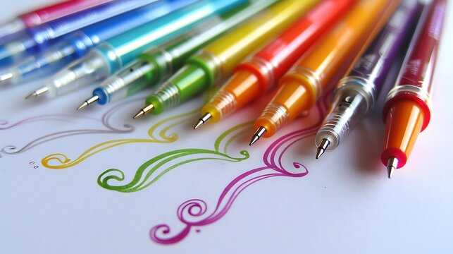 A set of ballpoint pens with different colored inks writing on a white sheet of paper, creating a rainbow effect, ideal for showcasing the vibrant and diverse possibilities of ballpoint pen art