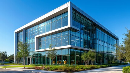 A modern ecofriendly office building featuring energyefficient windows and the latest green tech innovations