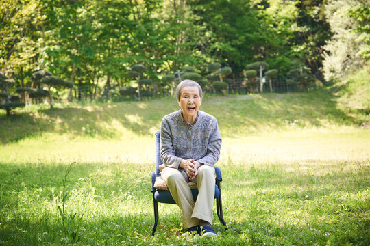 公園で写真を撮る高齢の日本人女性