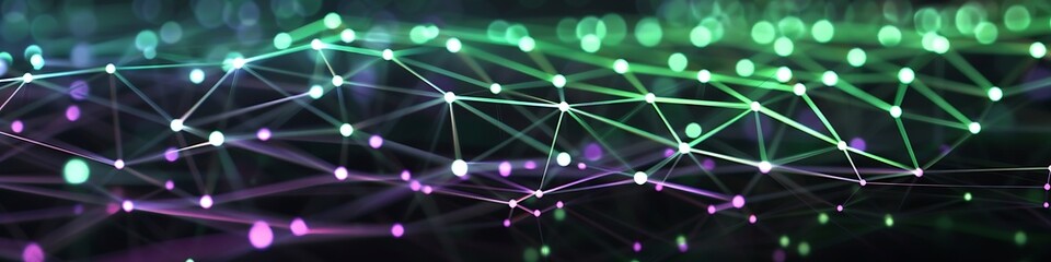 Abstract technology background showcasing neon green and purple dots connected in a detailed plexus pattern