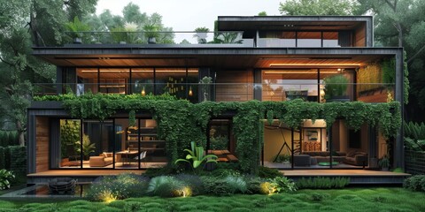Fototapeta premium A modern ecofriendly home with cuttingedge green tech, exemplifying the future of sustainable living