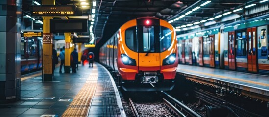 A close-up of a commuter train arriving at a platform