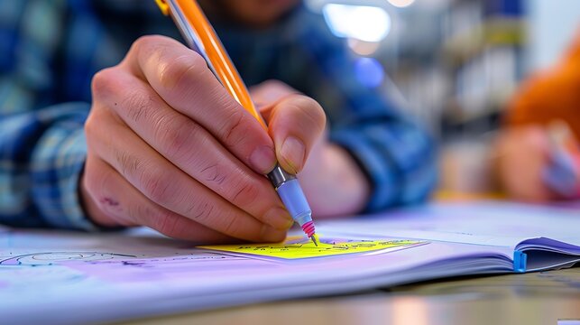 A student highlighting important notes with a ballpoint pen during a study session, emphasizing the role of pens in academic success and effective learning strategies