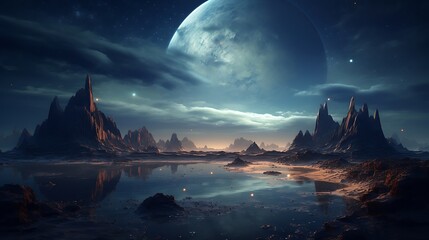 A landscape with mountains and a moon, starry sky, Pangea landscape
