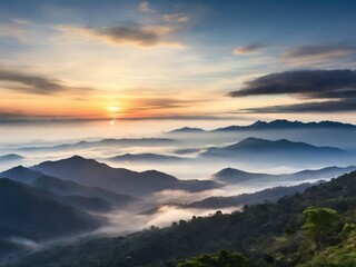 sunset over misty mountains