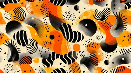  A black and white abstract pattern features an orange and black design with circular and dot motifs on a white backdrop The central element is a stripe exhibiting black and white alternating h