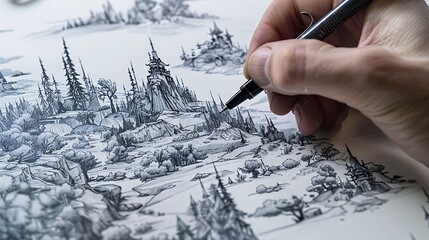 A person sketching a detailed landscape with a ballpoint pen, showcasing the artistic potential and versatility of this everyday writing tool in creating intricate artwork