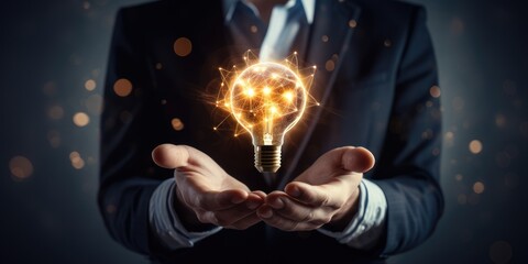 Businessman holding light bulb and brain inside, Idea and imagination, Creative and inspiration, Science innovation with network connection, Innovative technology