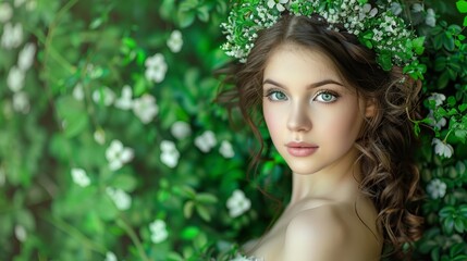 Fototapeta premium A woman in floral wreath stands before green leaves bush Foreground holds white flowers bush