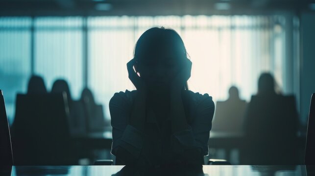  Asian women sitting in an office With stress and eye strain Tired, portrait of sad unhappy tired frustrated disappointed lady suffering from migraine sitting at the table