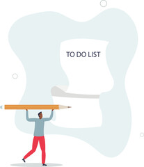 confident businessman carrying big pencil thinking to write many to do list on long paper.flat vector illustration.