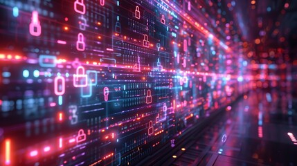 A futuristic scene of encrypted data flows, showcasing advanced tech security and hacking prevention measures