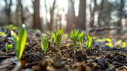 Plant seeds growing in fertile soil with blur background. Sapling leaves farming and reforestation.