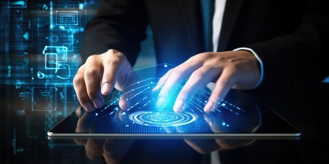 Businessman using tablet and fingerprint scanning unlock and access to business data network. Biometric identification and cyber security protect   online digital cyber attack