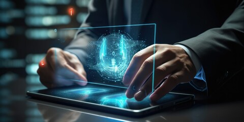 Businessman using tablet and fingerprint scanning unlock and access to business data network. Biometric identification and cyber security protect   online digital cyber attack