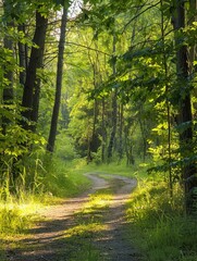 Obraz premium A tranquil forest path with dappled sunlight filtering through the trees, leaving ample space for text in the sky.