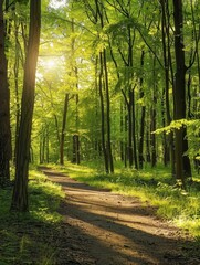 Fototapeta premium A tranquil forest path with dappled sunlight filtering through the trees, leaving ample space for text in the sky.