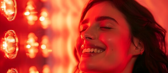 Naklejka premium Young Woman Smiling Getting Red Light Therapy (Generative AI)