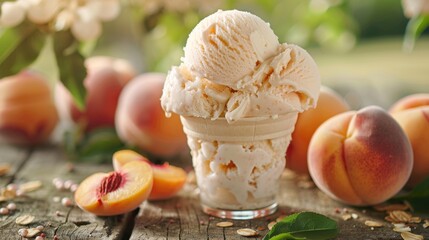 Delightful Peach Flavored Ice Cream under a Peaceful Peach Tree in a Sunny Orchard