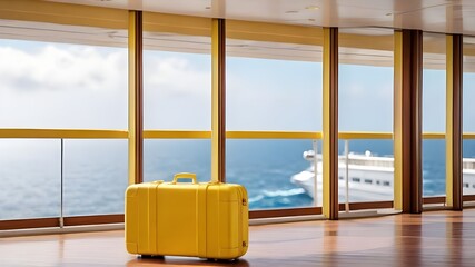 yellow plastic travel suitcase on the pier with cruise ship, Ai Generated