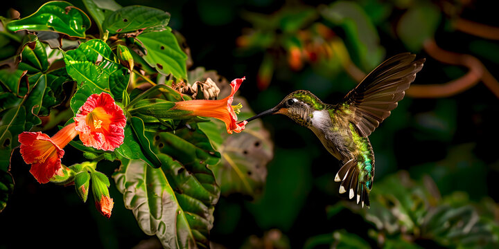 Imagen horizontal de un colibri alimentandose de una flor roja en un jardin en la naturaleza