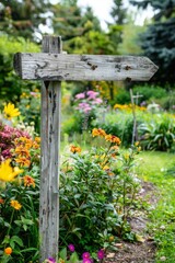 A serene garden with blooming flowers and a blank wooden signpost, ideal for adding text or directions.