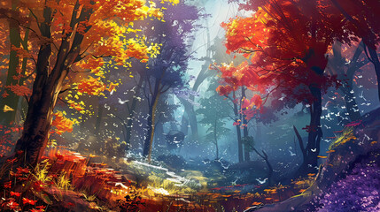 Fototapeta premium Vibrant forest landscape bursting with color and life, AI generative