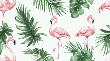  A white background features two pink flamingos - one on each side Pink flamingos and palm leaves form a pattern