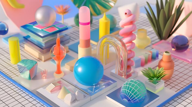 5. Produce a comprehensive sticker page featuring an assortment of objects transformed into captivating 3D visuals, with customizable text areas for personalization.