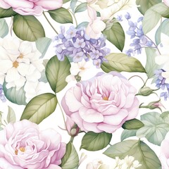 Elegant seamless pattern with pastel floral elements, featuring roses and lilacs, perfect for textiles or wallpapers.