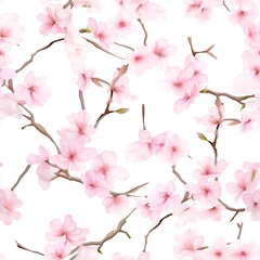 Seamless cherry blossom pattern with delicate pink flowers on white background, ideal for textiles, wallpapers, and spring designs.