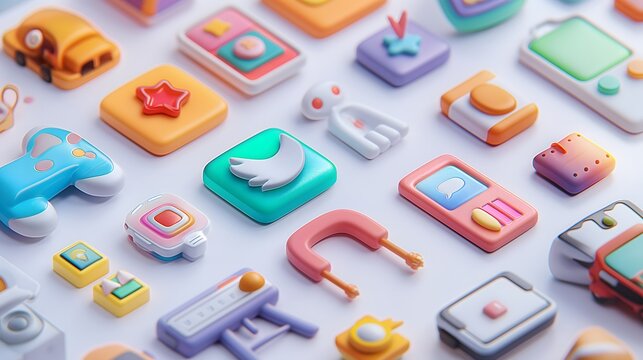 6. Design a sticker collection presenting a variety of items in dynamic 3D formats on a single page, with dedicated space for adding custom text alongside each icon.