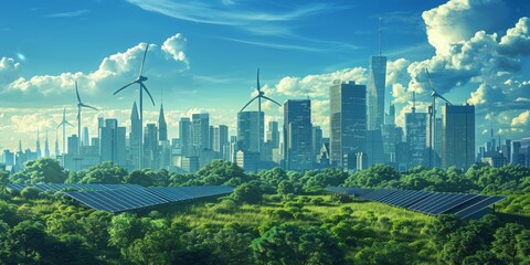 Naklejka premium A futuristic cityscape powered by ecofriendly green tech innovations, featuring solar panels and wind turbines