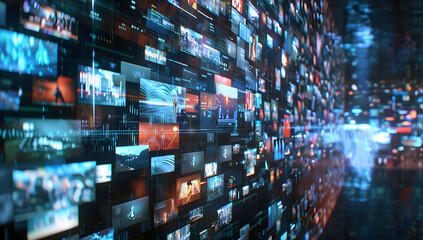 Abstract dynamic background of digital screens displaying news and media, symbolizing growth in online video and streaming services. Ideal for illustrating technology, media, or advertising concepts.