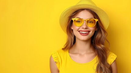 Naklejka premium A young woman, wearing a yellow sunhat and sunglasses, smiles at the camera against a yellow backdrop