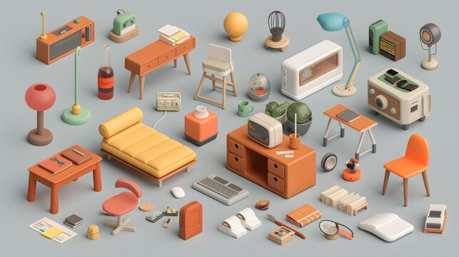 7. Create a multi-item sticker sheet showcasing everyday objects depicted in lively 3D renditions, with designated text spaces allowing for personalized captions.