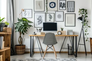 A chic home office with a Scandinavian design featuring a wooden desk, a comfortable chair, and a computer monitor. The desk is adorned with a few decorative items such as a plant and a lamp, and the