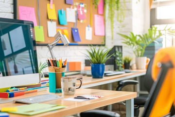 A creative home office space with a large wooden desk, an adjustable office chair, and a computer. The desk is decorated with colorful stationery, a coffee mug, and a plant. The background includes