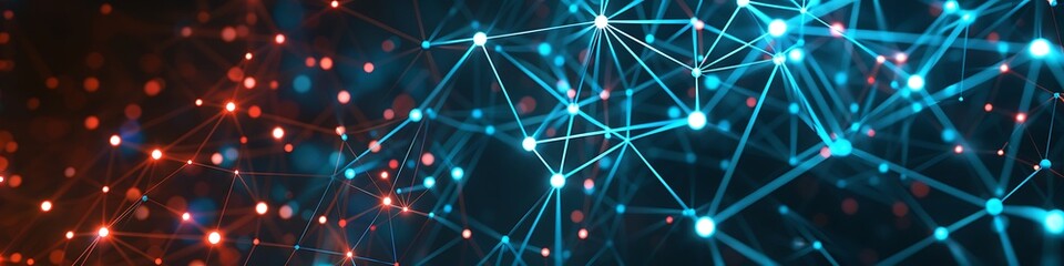 Futuristic tech background with glowing blue and red dot connections forming a detailed plexus pattern