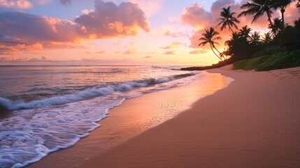 A tranquil beach scene at sunrise with golden sand, gentle waves lapping at the shore, and palm trees swaying in the breeze. The sky is painted with shades of pink, orange, and purple as the sun