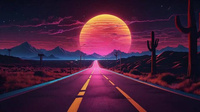 a synthwave style desert road at sunset  slow motion video-idyllic,cactus  calming , epic mountains-the viewer is led towards the wonderous sunset!