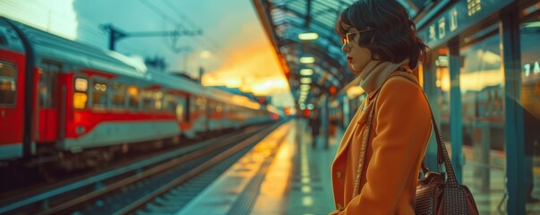 Obraz premium A fashionable figure in chic clothing waits at a city railway station, the vibrant city life creating a dynamic backdrop