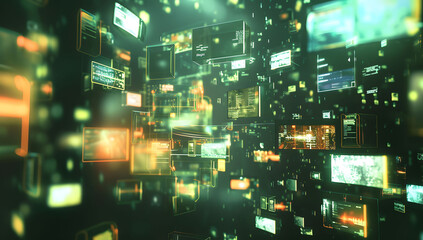 Abstract dynamic background of digital screens displaying news and media, symbolizing growth in online video and streaming services. Ideal for illustrating technology, media, or advertising concepts.