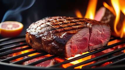 A juicy steak sizzling on a grill with flames in the background. The charred grill marks and fiery setting emphasize the steak's rich, savory flavor and perfectly cooked texture