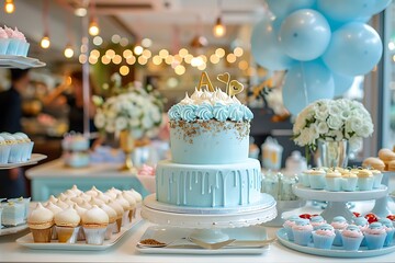Celebrity themed birthday party with gourmet cafe for a one year old Decorated with a stunning blue...