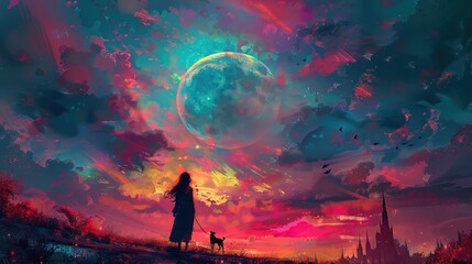 Enchanting Fantasy Scene: Woman and Dog Silhouette with Full Moon in Vibrant Landscape