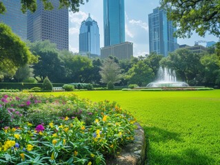 A tranquil park in the middle of a city, with green lawns, blooming flowers, and a fountain. The park is surrounded by tall buildings, providing a peaceful escape from the urban hustle.