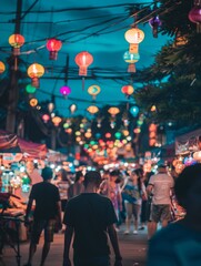 Fototapeta premium A vibrant night market with colorful lights, street food vendors, and busy shoppers. The market is filled with the sounds of music and laughter, creating a lively and festive scene.