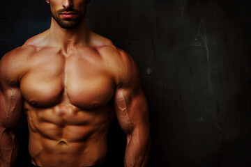 Fototapeta premium A man with a muscular body is standing in front of a dark background. Concept of strength and power, as the man's physique is emphasized by the contrast between his body and the dark background