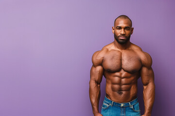 Fototapeta premium A muscular man stands in front of a purple wall. He is posing for a photo, and his body is well-defined. Concept of confidence and strength, as the man's physique is on full display